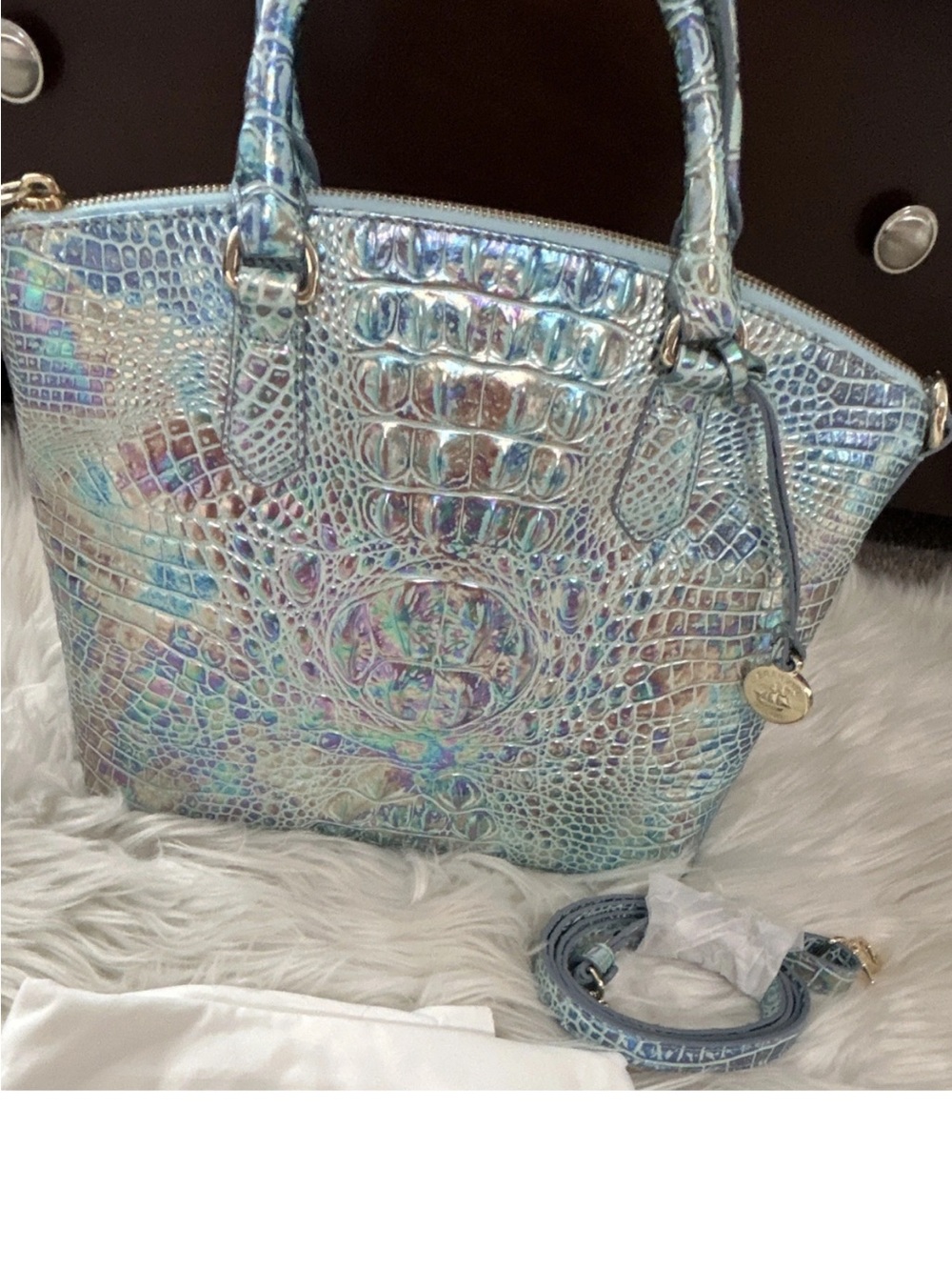 Brahmin wonderland Iridescent Aqua Blue Croc-Embossed Duxbury Satchel - Picture 2 of 8
